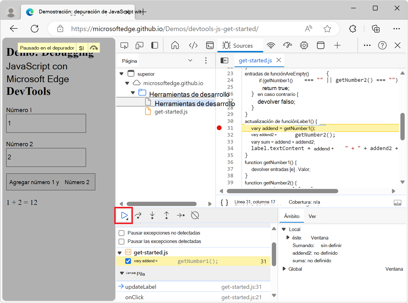 Hacer clic en el botón Reanudar ejecución de script