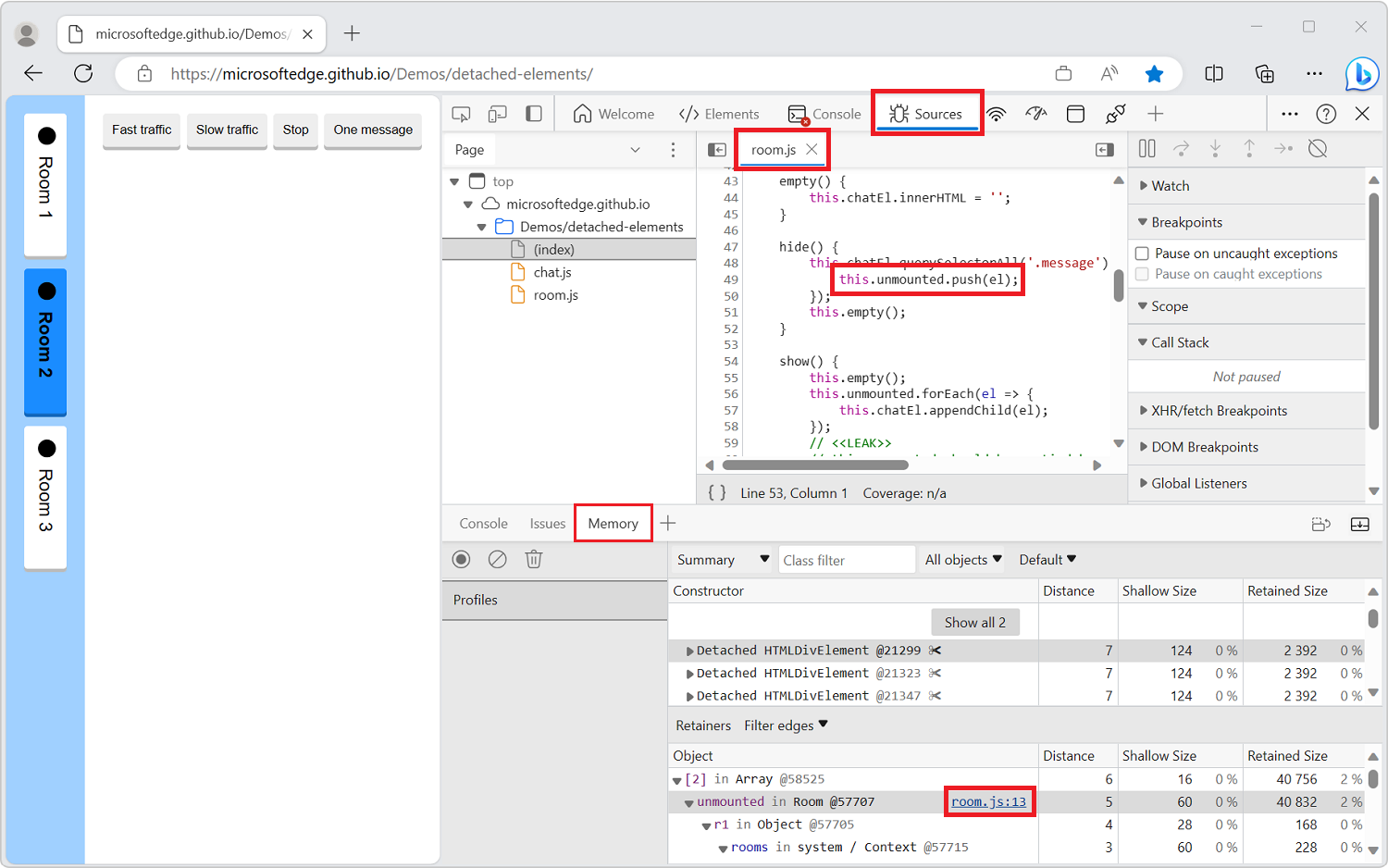 Identificación del JavaScript que conserva el elemento desasociado