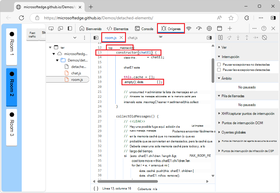 Código fuente de JavaScript en la herramienta Orígenes