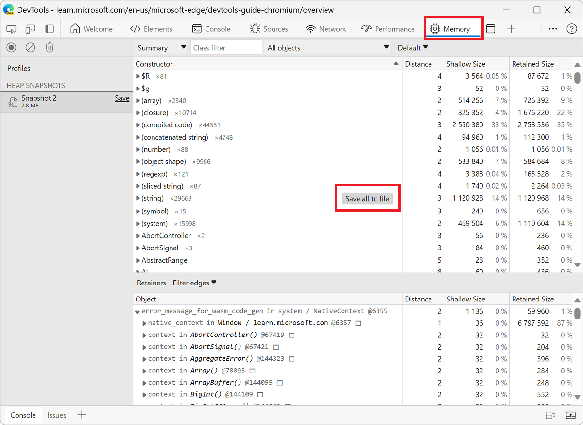 Guardar todas las cadenas de una instantánea de montón en JSON