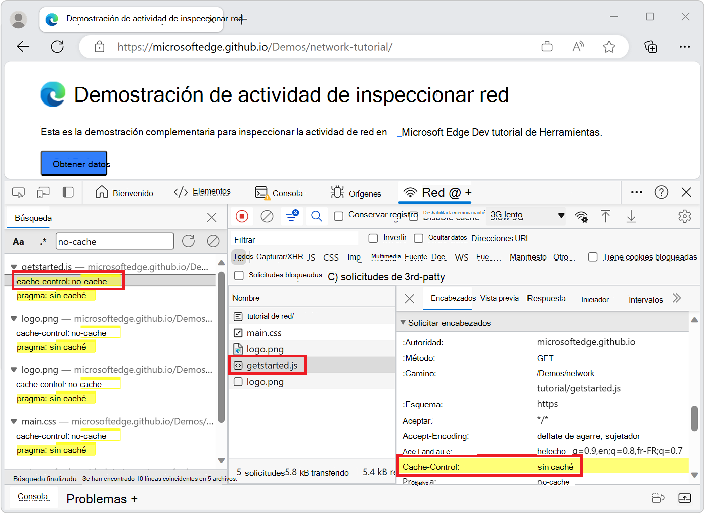 Resultado de búsqueda resaltado en el panel Encabezados