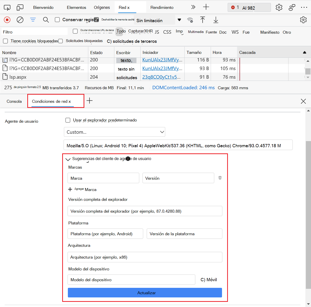 Configuración de sugerencias de cliente del agente de usuario