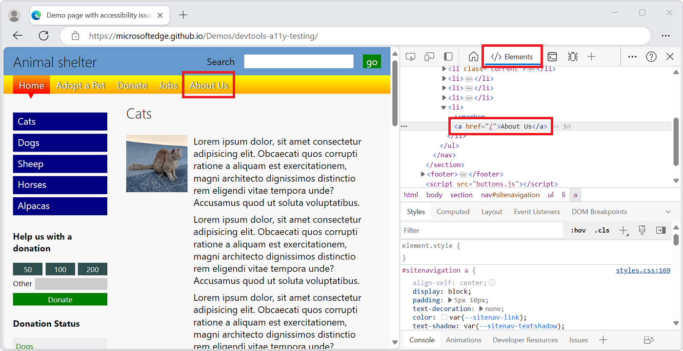 DevTools abierto en el lado derecho de Microsoft Edge, con un elemento DOM seleccionado en el árbol DOM de la herramienta Elementos