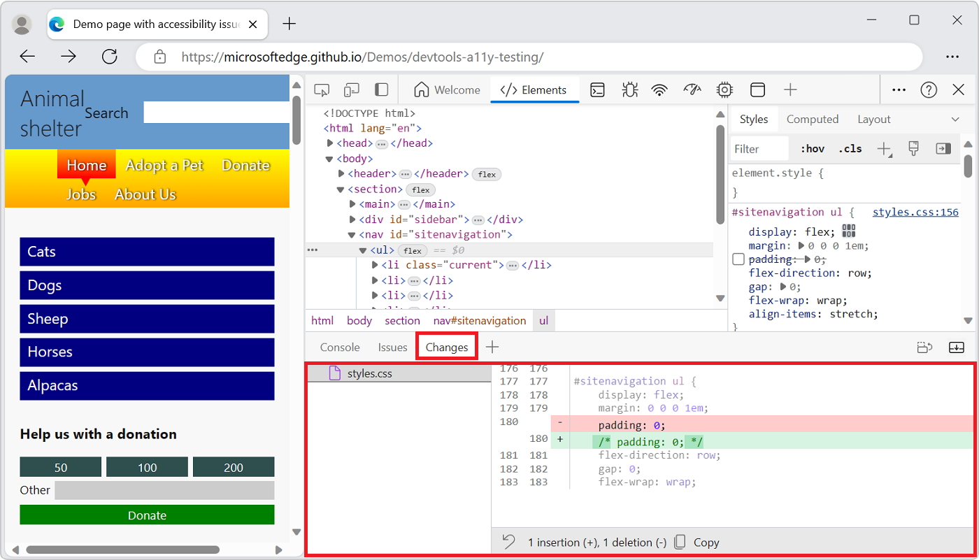 DevTools con la herramienta Cambios abierta en el panel Vista rápida