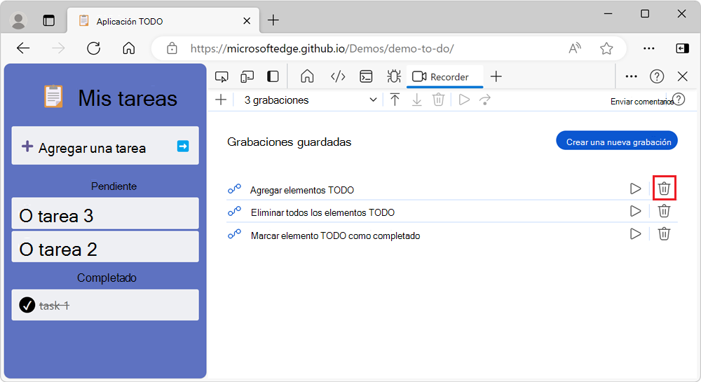 La lista de grabaciones y el botón 