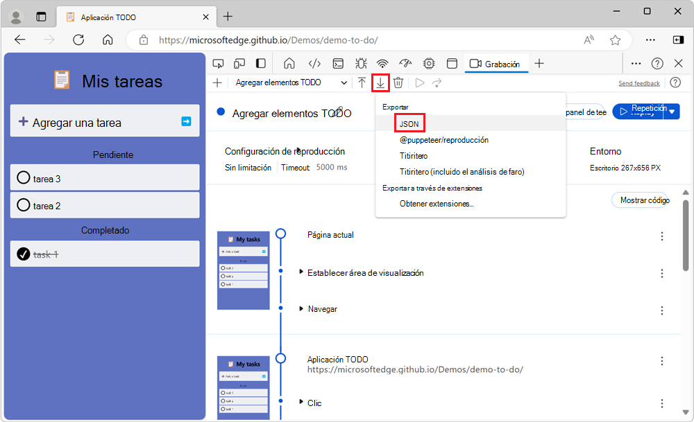 Menú desplegable del botón Exportar y la opción JSON