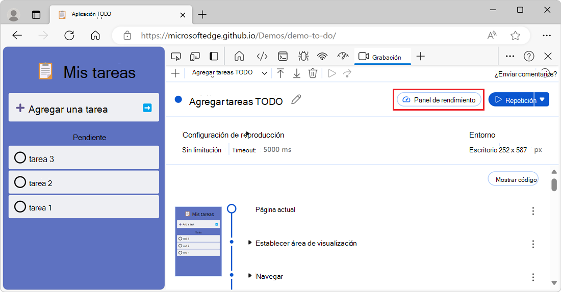 Botón del panel Rendimiento