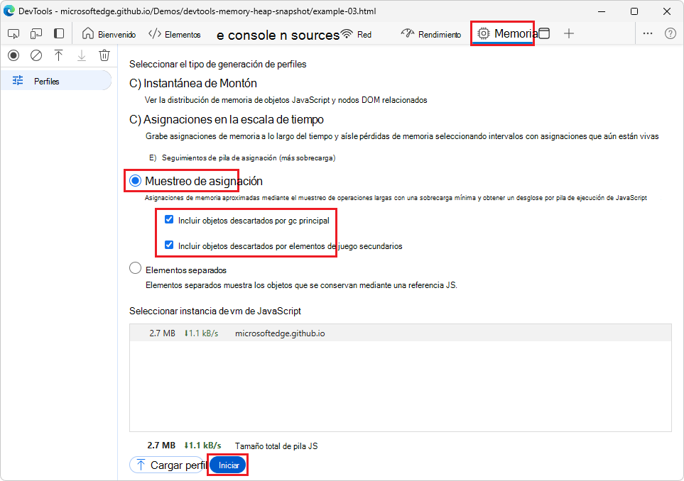 Configuración de GC de muestreo de asignación