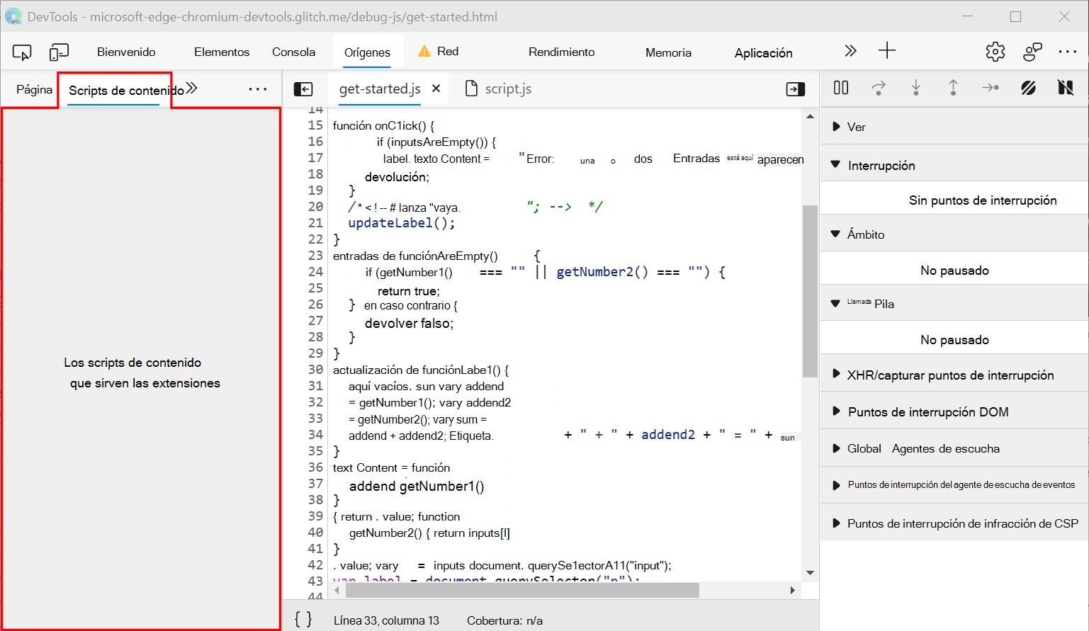 Pestaña Scripts de contenido del panel Navegador