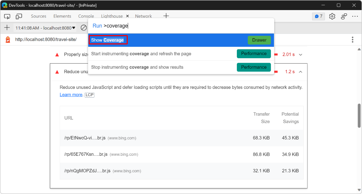 Menú Comando de DevTools, que muestra el comando Mostrar cobertura