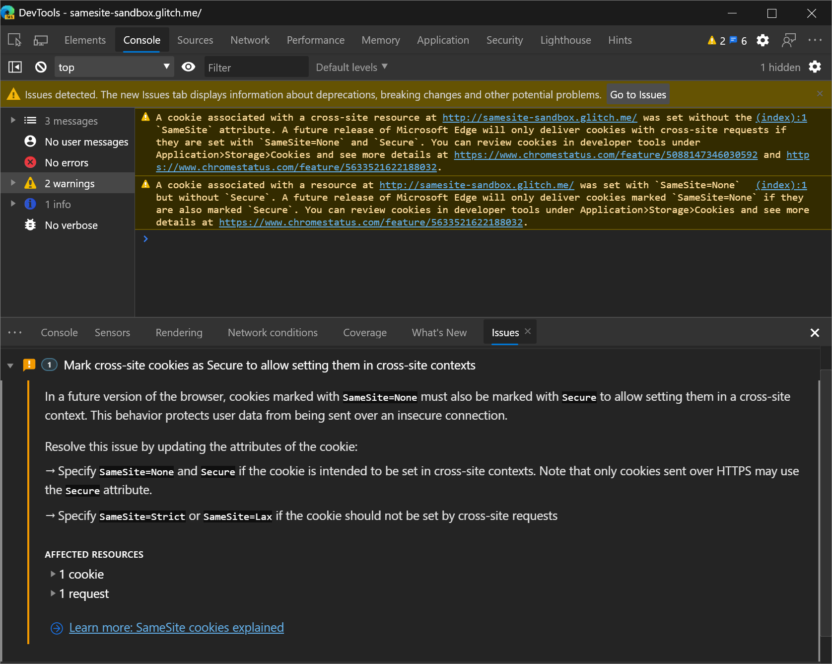 La herramienta Problemas en el cajón de DevTools