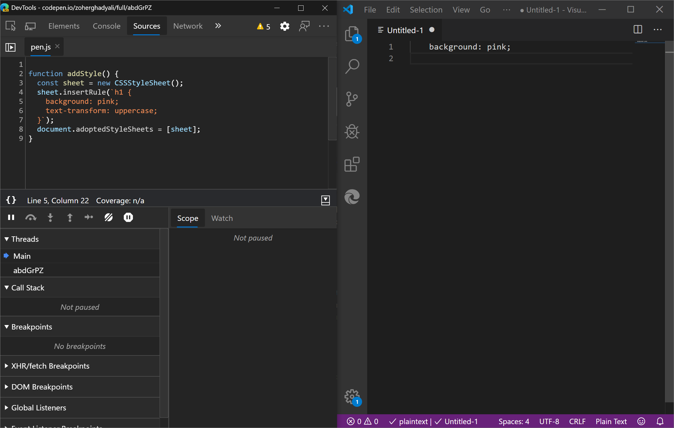 Con el cursor al final de la línea 5, copiando toda la línea de pen.js en DevTools y pegando en Visual Studio Code