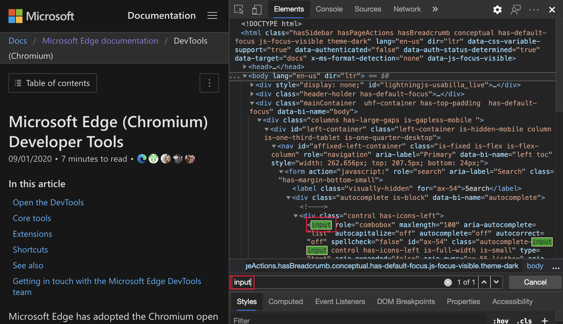 Primer resultado de búsqueda resaltado en el panel Elementos de Microsoft Edge 84 o posterior