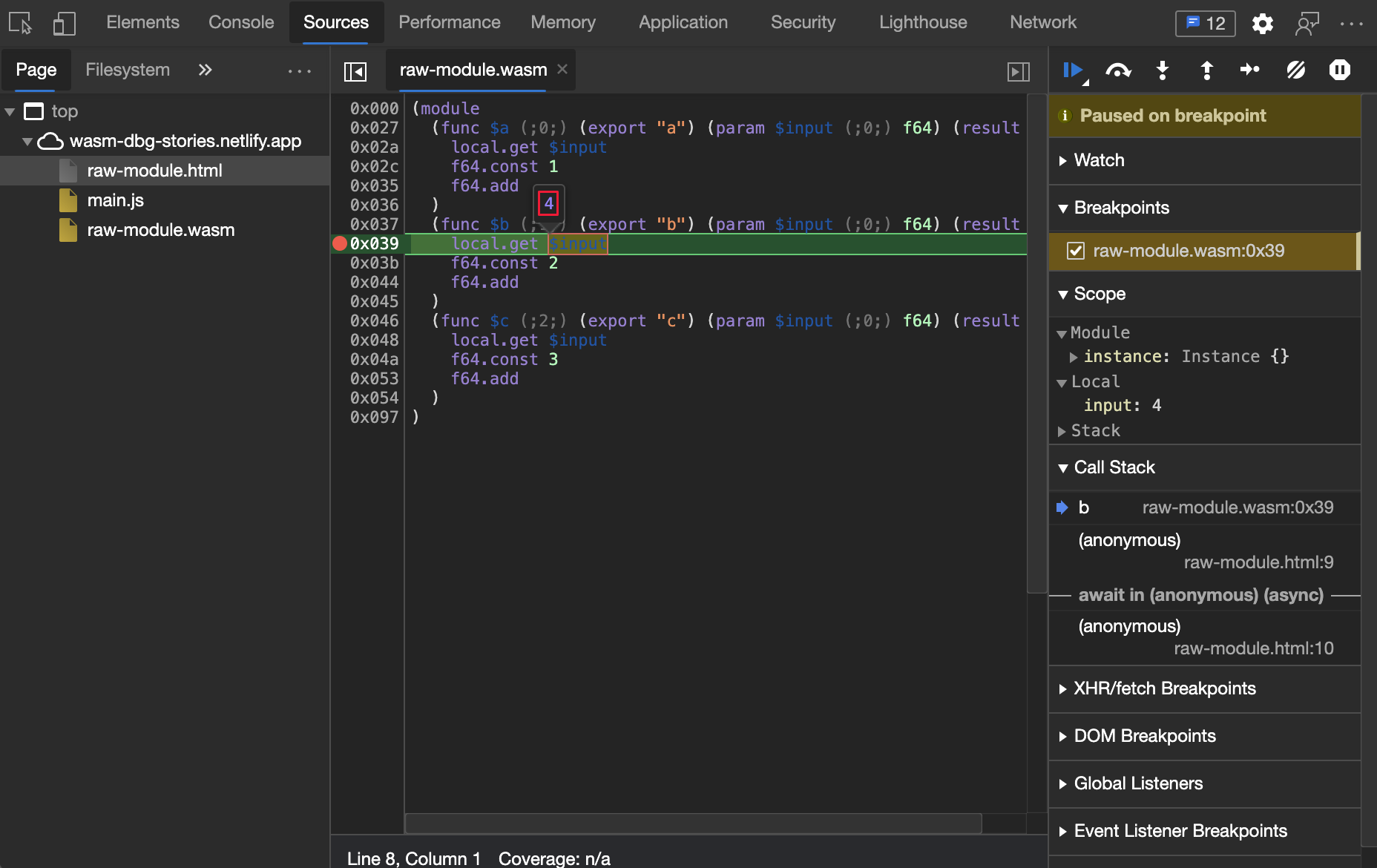 Vista previa de la variable Wasm en el mouseover