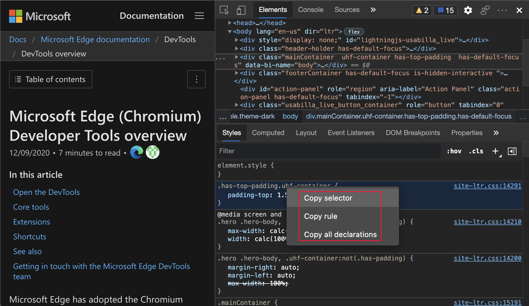 Opciones de copia de una clase CSS en el menú contextual