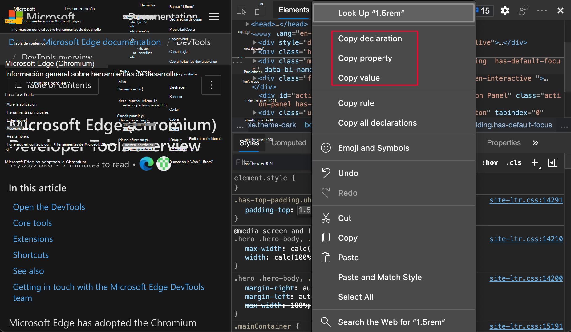 Opciones de copia de una propiedad CSS en el menú contextual