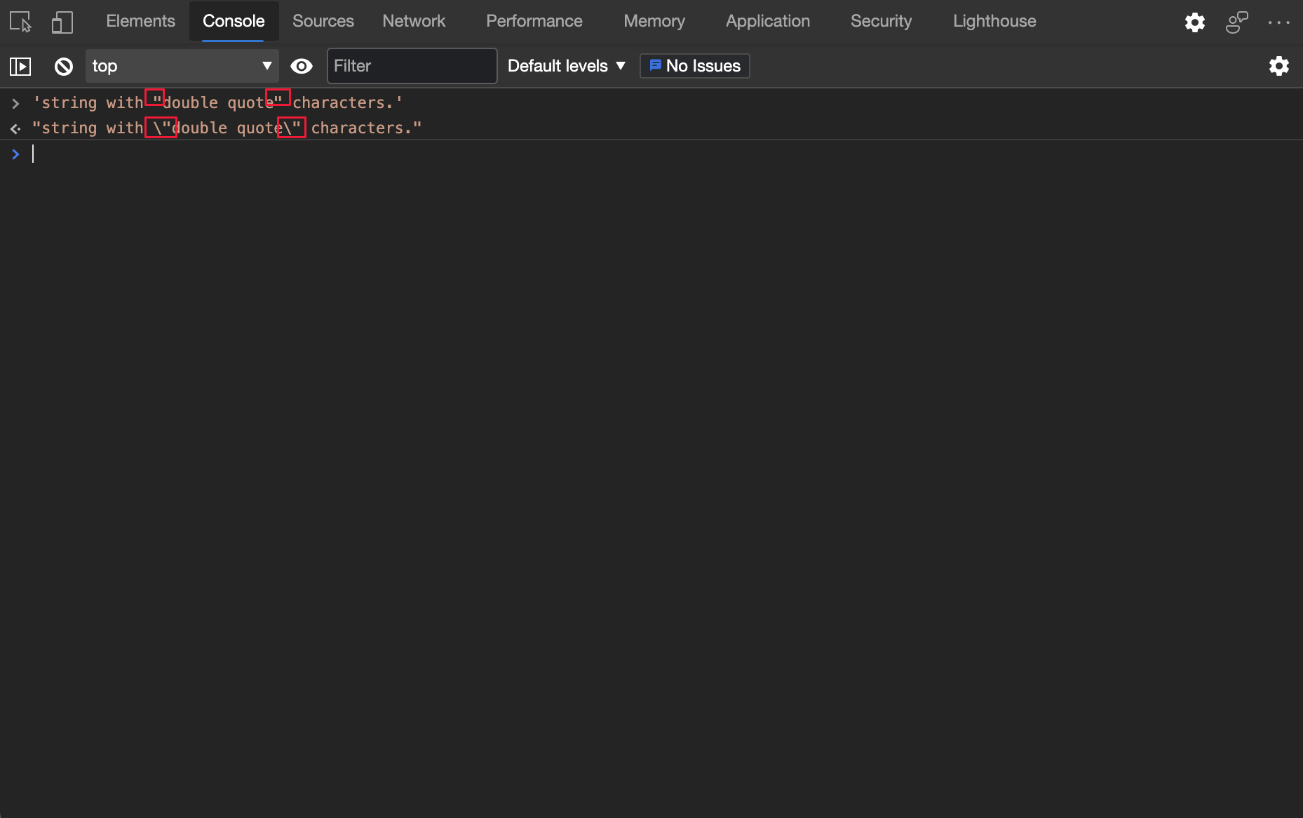 La consola genera cadenas de JavaScript con caracteres de comilla doble con escape ()