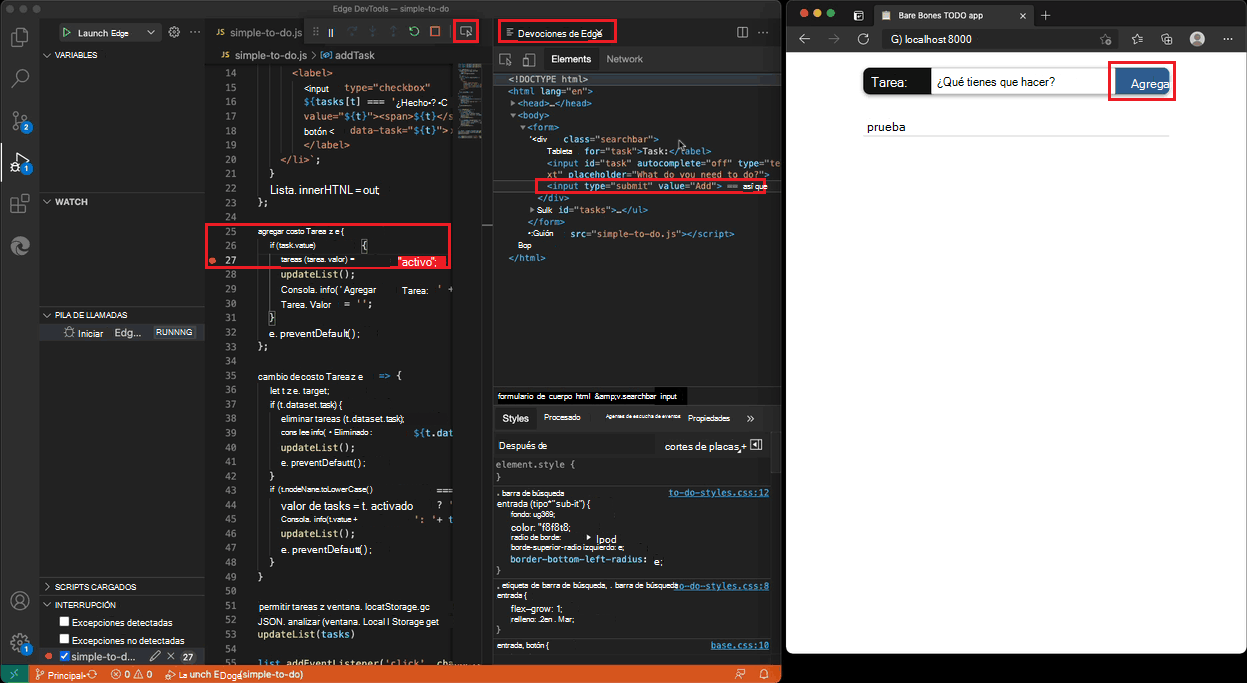 Extensión DevTools integrada con Visual Studio Code flujo de trabajo del depurador