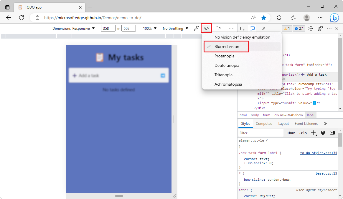 Emulación de visión borrosa directamente desde la barra de herramientas modo dispositivo