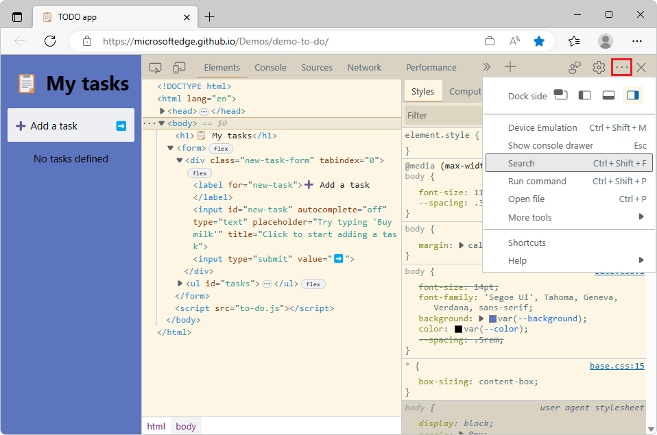 Contraste de color suficiente en el menú Personalizar DevTools con el tema Luz solarizada