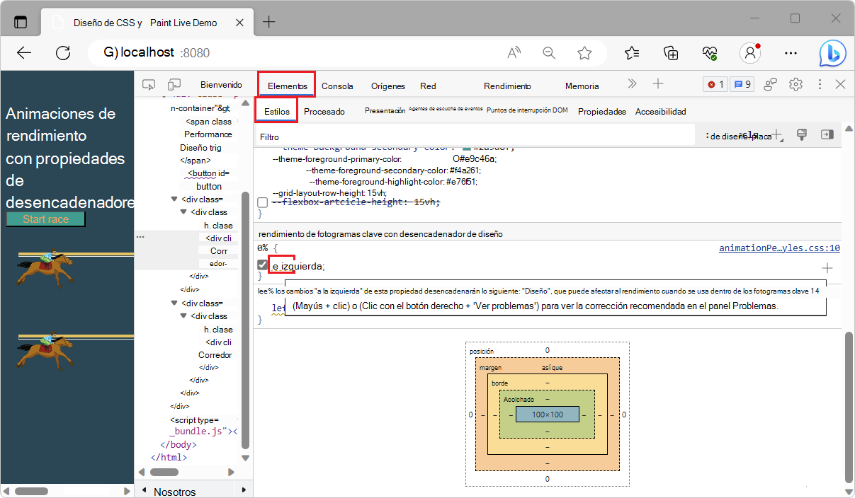 Problema de diseño CSS en el panel Estilos