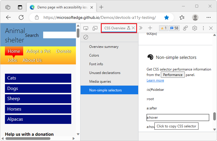 Navegación por la herramienta de información general de CSS con el teclado