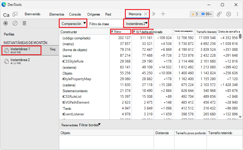 Comparación de dos instantáneas de montón en Microsoft Edge 114