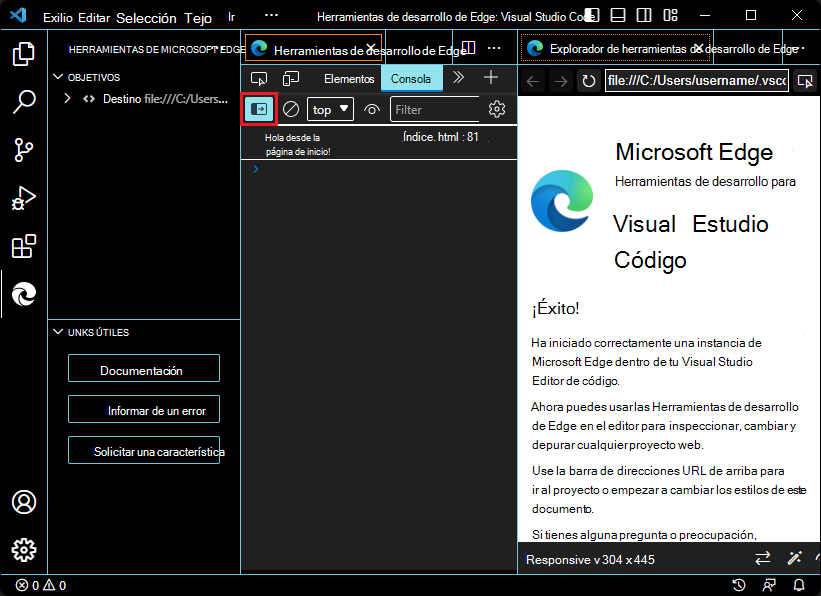 Mantener el puntero sobre el botón Mostrar barra lateral de la consola en modo de contraste alto en la extensión de VS Code