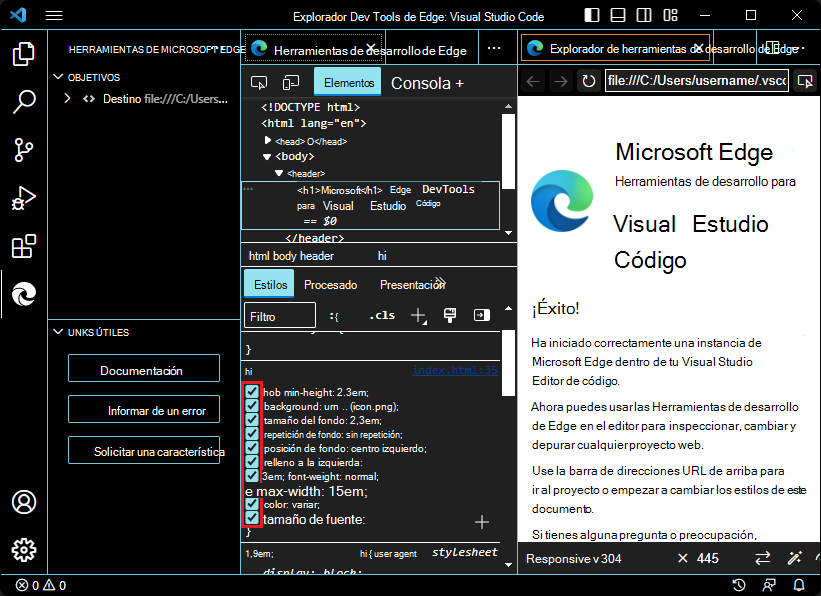 Mantener el puntero sobre las casillas del panel Estilos en modo de contraste alto en la extensión VS Code