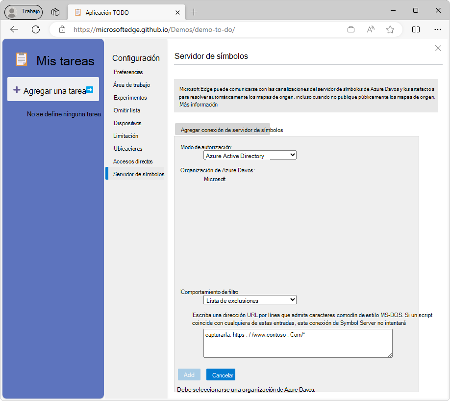 Conexión al servidor de símbolos mediante Microsoft Entra ID desde la configuración de DevTools