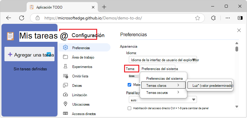 Menú Tema en Preferencias de DevTools