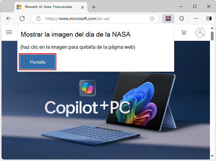 popup.html mostrar después de seleccionar el icono De extensión