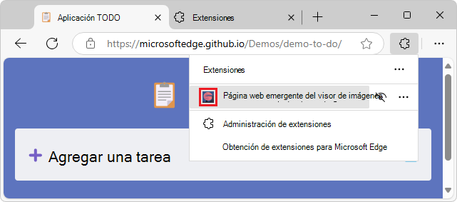 Icono de la extensión en la lista emergente Extensiones