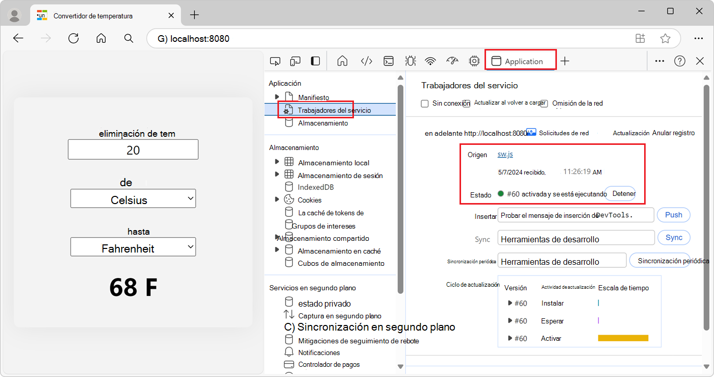 La herramienta Aplicación de DevTools, que muestra el panel Trabajos de servicio, con el nuevo trabajo sw.js en ejecución