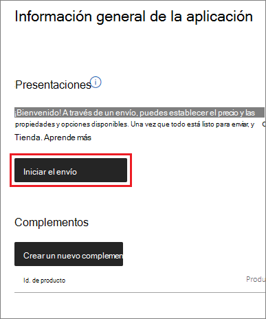 Inicio de un nuevo envío de aplicaciones en el Centro de partners de Microsoft