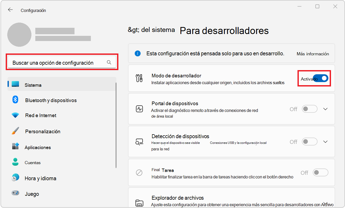 La configuración para desarrolladores de Windows 11