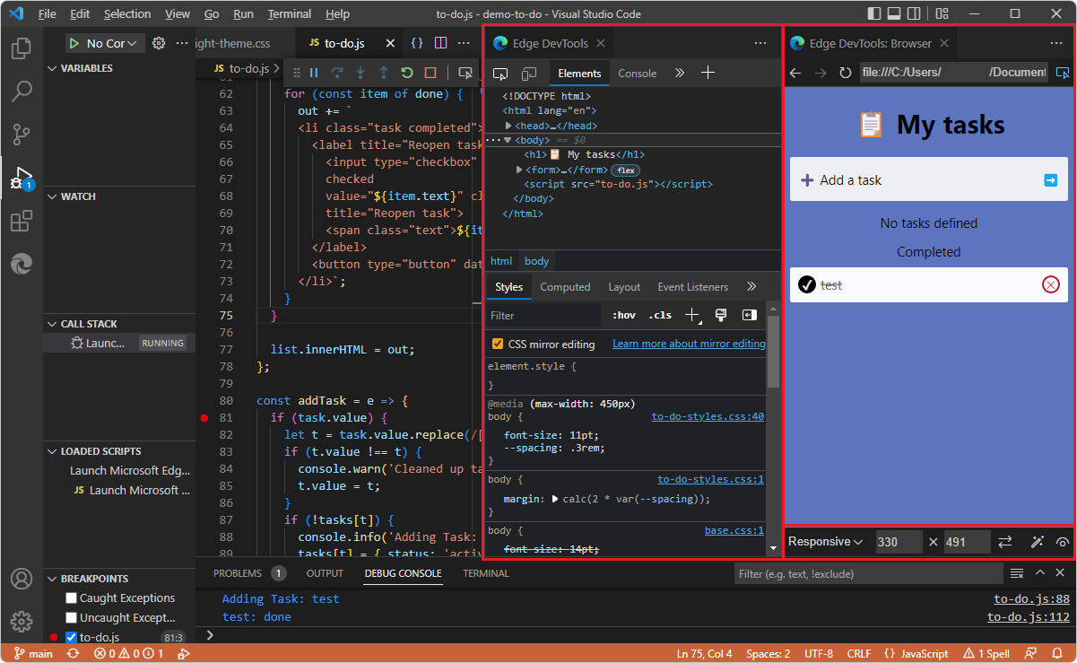 Microsoft Edge Developer Tools y la versión preliminar del explorador en Visual Studio Code