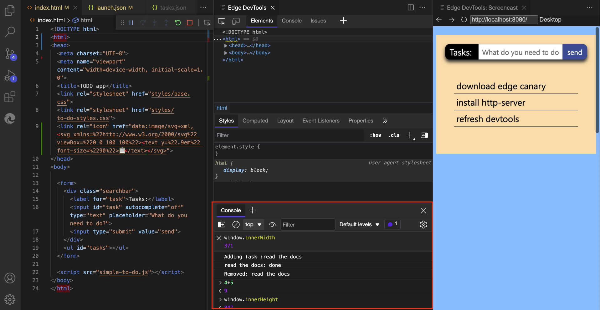 La consola de DevTools dentro de la extensión junto con la herramienta elements