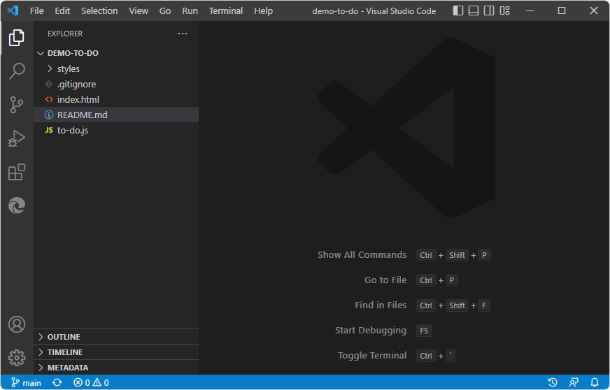 La carpeta de ejemplo de demostración a hacer abierta en Visual Studio Code