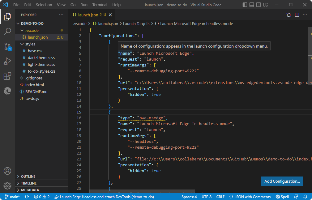 Información sobre herramientas de IntelliSense al mantener el puntero sobre un nombre o valor JSON