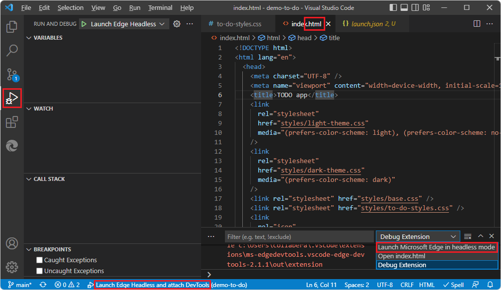 Configuraciones en la consola de depuración en la parte inferior derecha