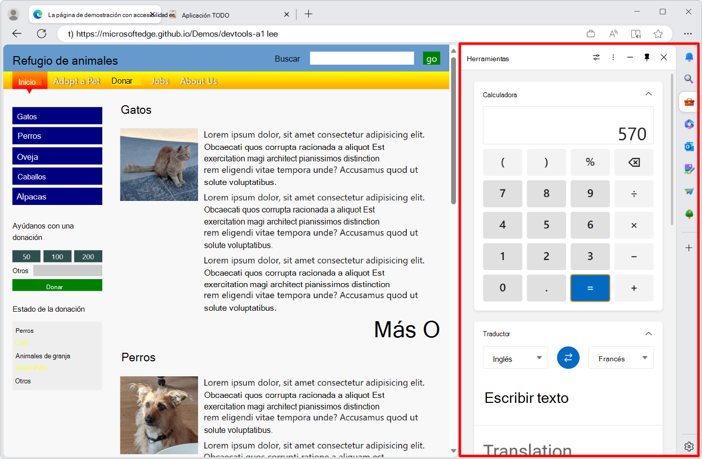 La barra lateral de Microsoft Edge, que muestra herramientas útiles, junto con la pestaña principal