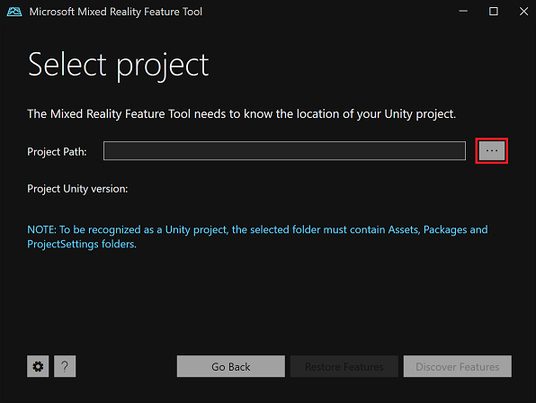 Seleccione el proyecto de Unity en la herramienta de características de Mixed Reality