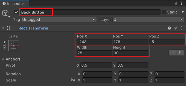 Se han actualizado las propiedades del botón Atrás en el inspector de Unity.