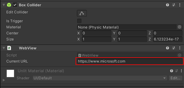 Campo de entrada de dirección URL actual para el objeto prefabricado de WebView en el inspector de Unity