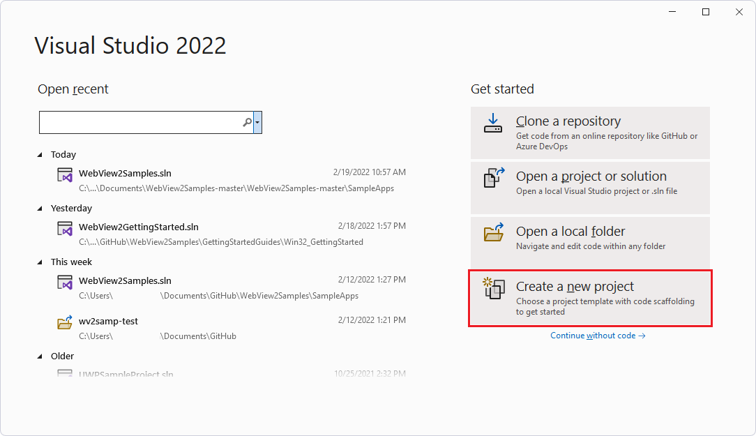 El panel de apertura de Visual Studio muestra la tarjeta Crear un nuevo proyecto