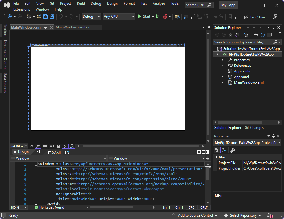 Proyecto inicial en Visual Studio 2022 mediante la plantilla aplicación wpf (.NET Framework)