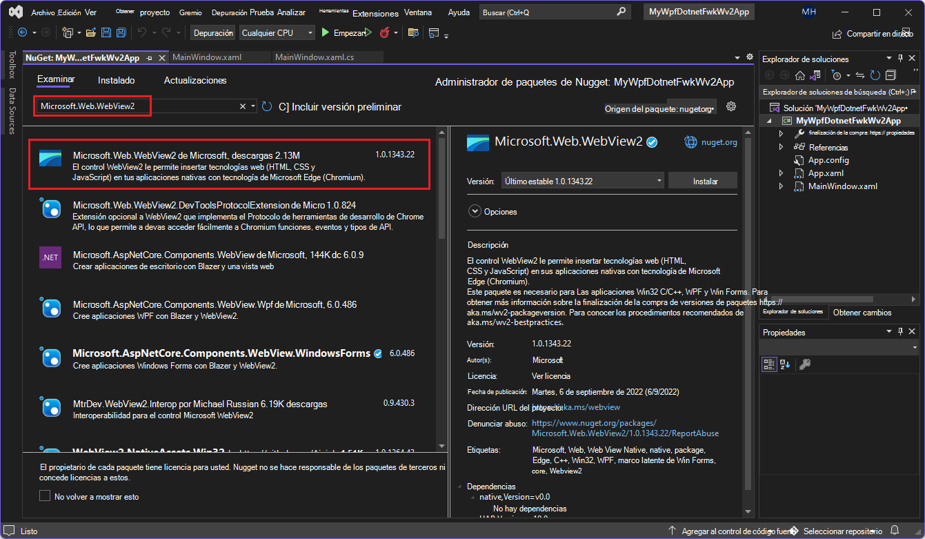 El cuadro de diálogo administrador de paquetes NuGet muestra el paquete Microsoft.Web.WebView2