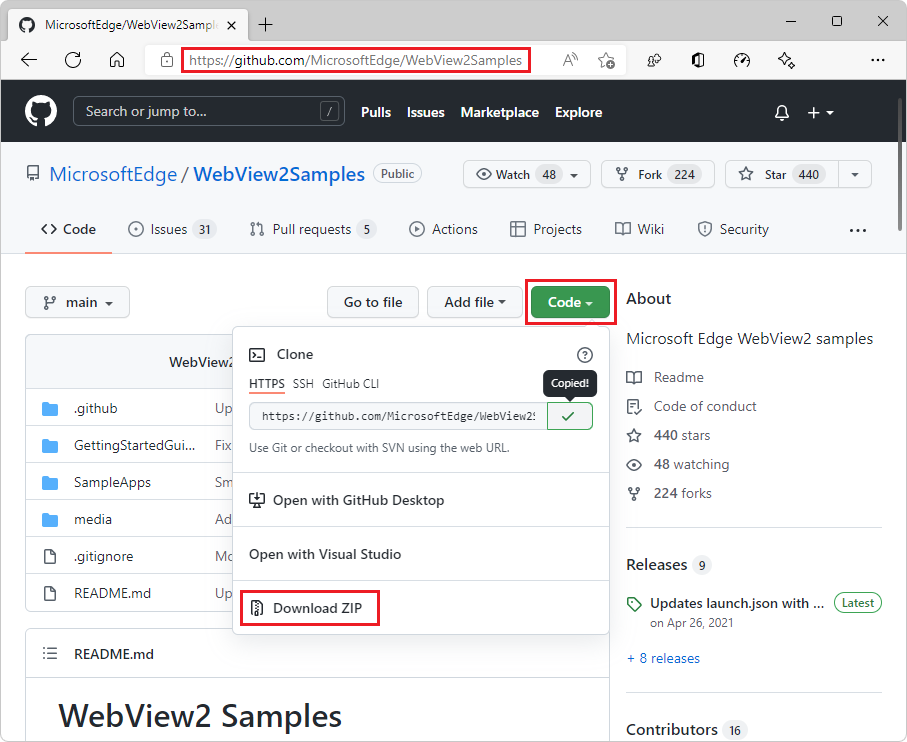 Descarga del repositorio WebView2Samples