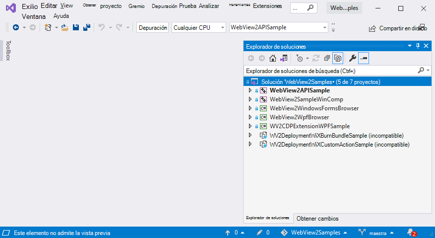 Explorador de soluciones para el repositorio WebView2Samples, que muestra los ejemplos de WebView2 como proyectos